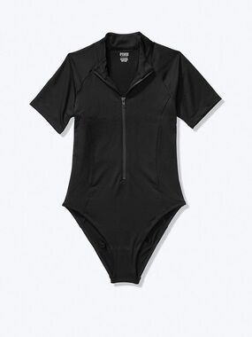 PINK Victoria's Secret Black Zip-Front Short Sleeve Swimsuit